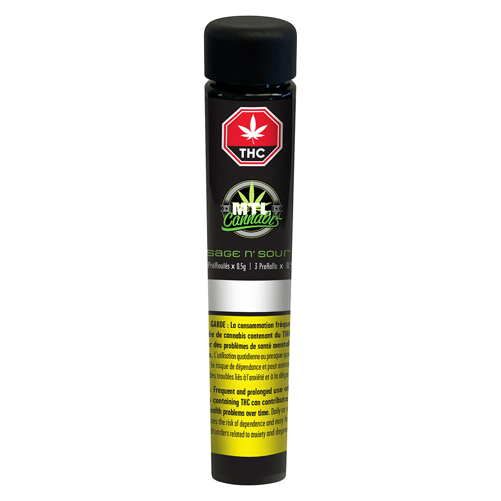 Sage N Sour pre-rolls laid out with packaging, offering an energizing and clear-headed experience
