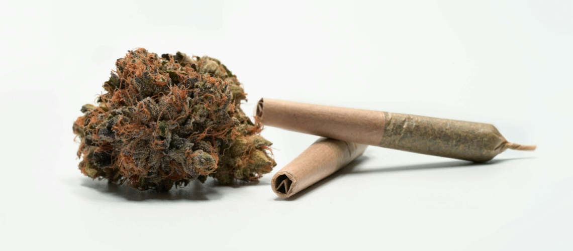 dried kush and infused pre-rolls on a white surface